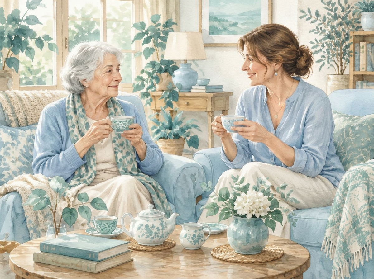 An older woman and her daughter sharing tea in a sunny living room